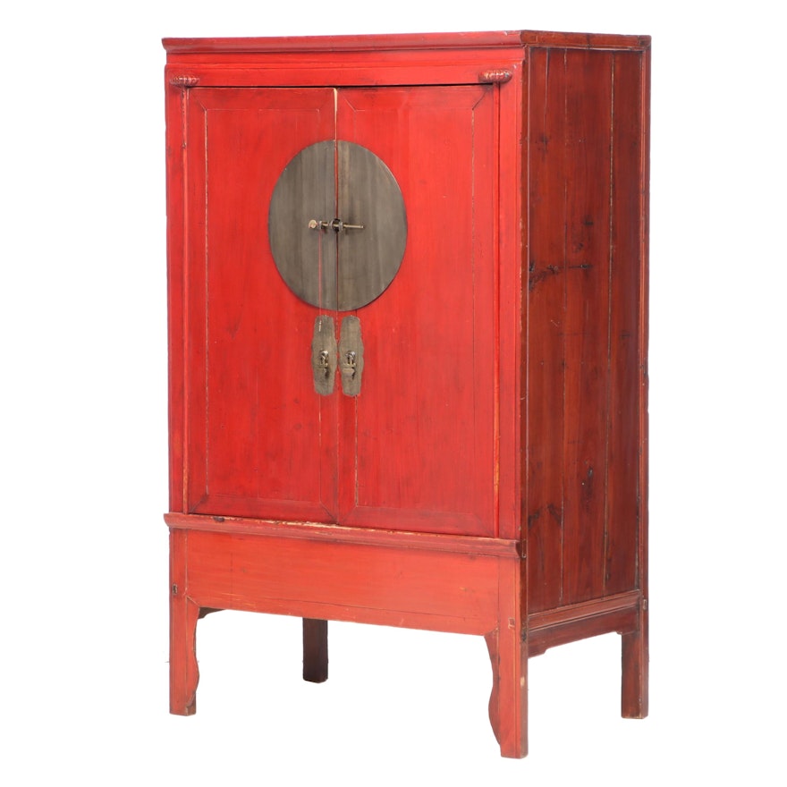 Chinese Red-Lacquered and Stained Pine Cabinet