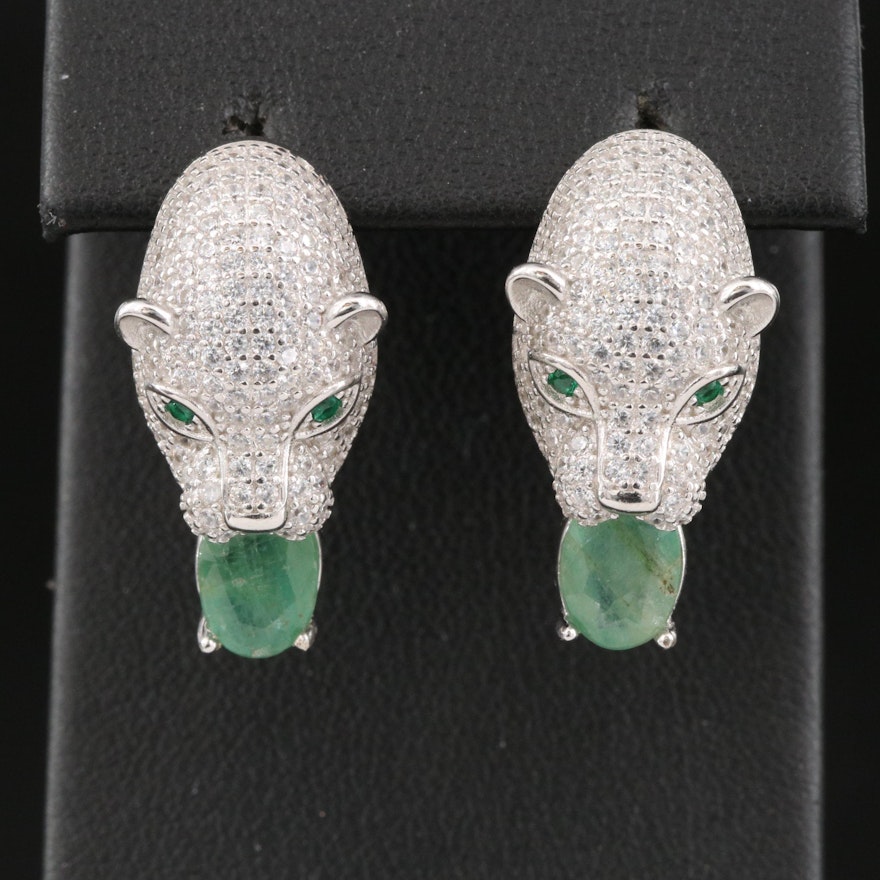 Sterling Emerald and Cubic Zirconia Jaguar Earrings