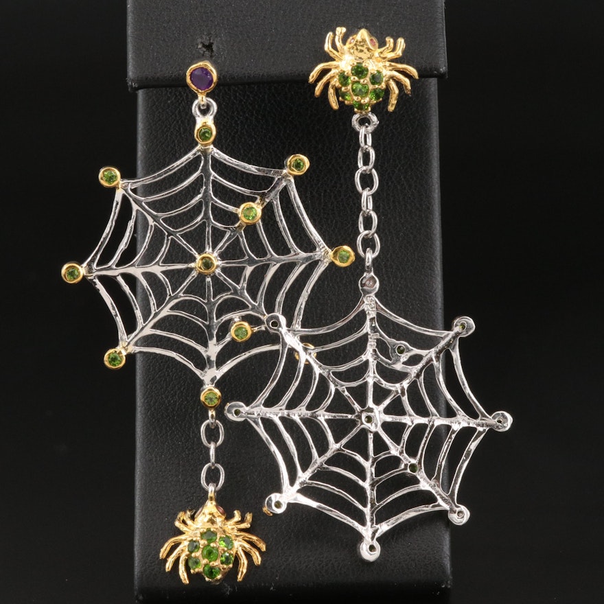 Sterling Spider Earrings with Diopside and Amethyst