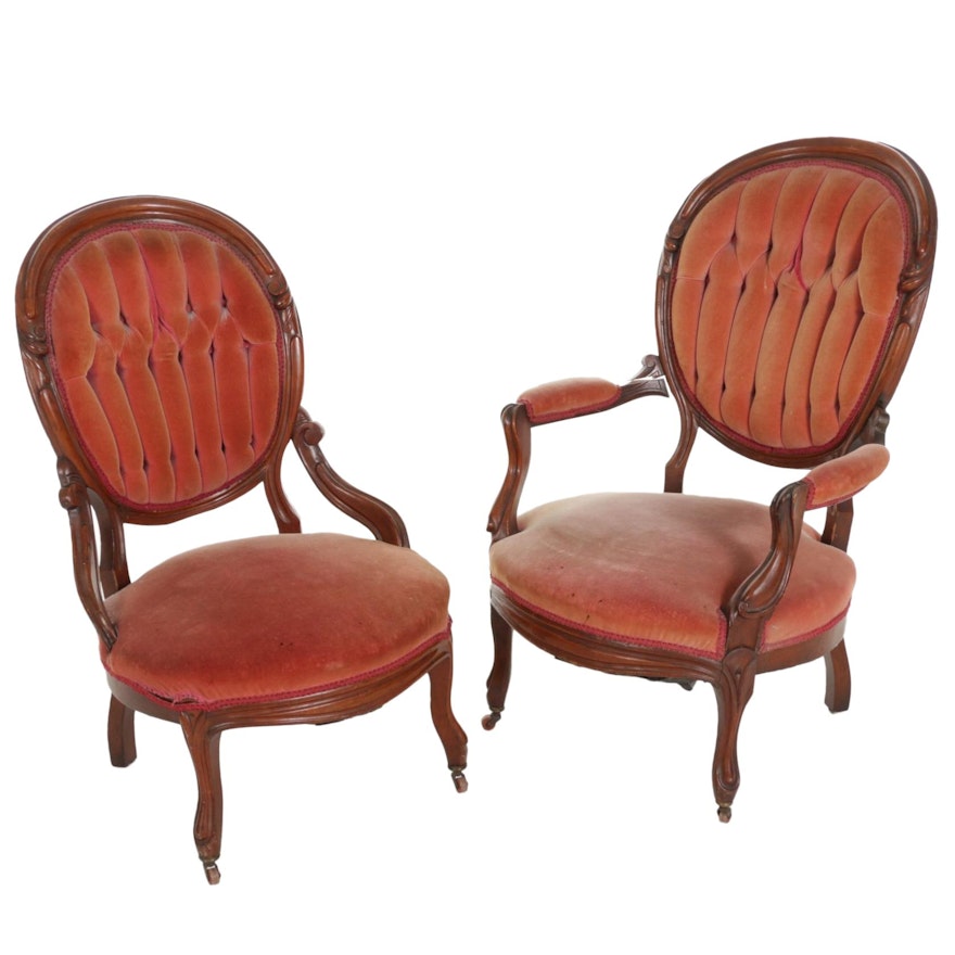 Victorian Walnut Upholstered His and Hers Parlor Chairs, Late 19th Century