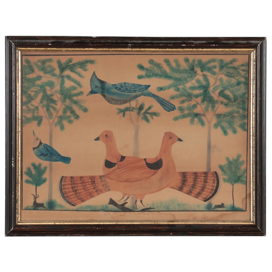 Watercolor Painting of Woodland Animals, Mid-20th Century