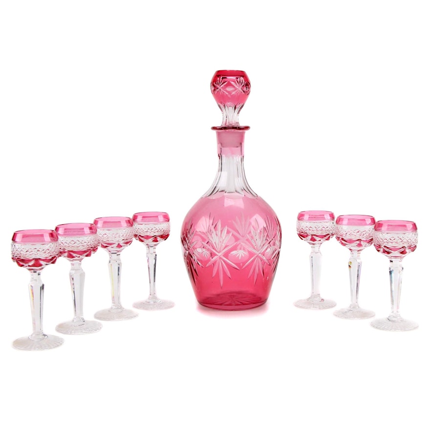 Bohemian Style Cranberry Flashed Cut to Clear Glass Decanter Set