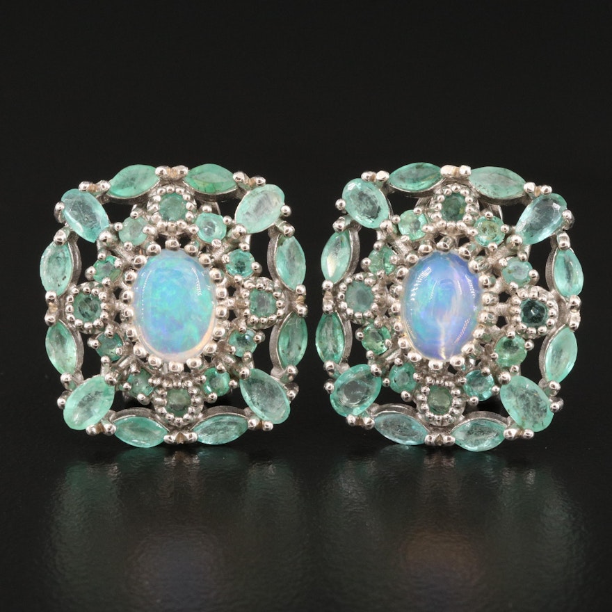 Sterling Opal and Emerald Cluster Button Earrings