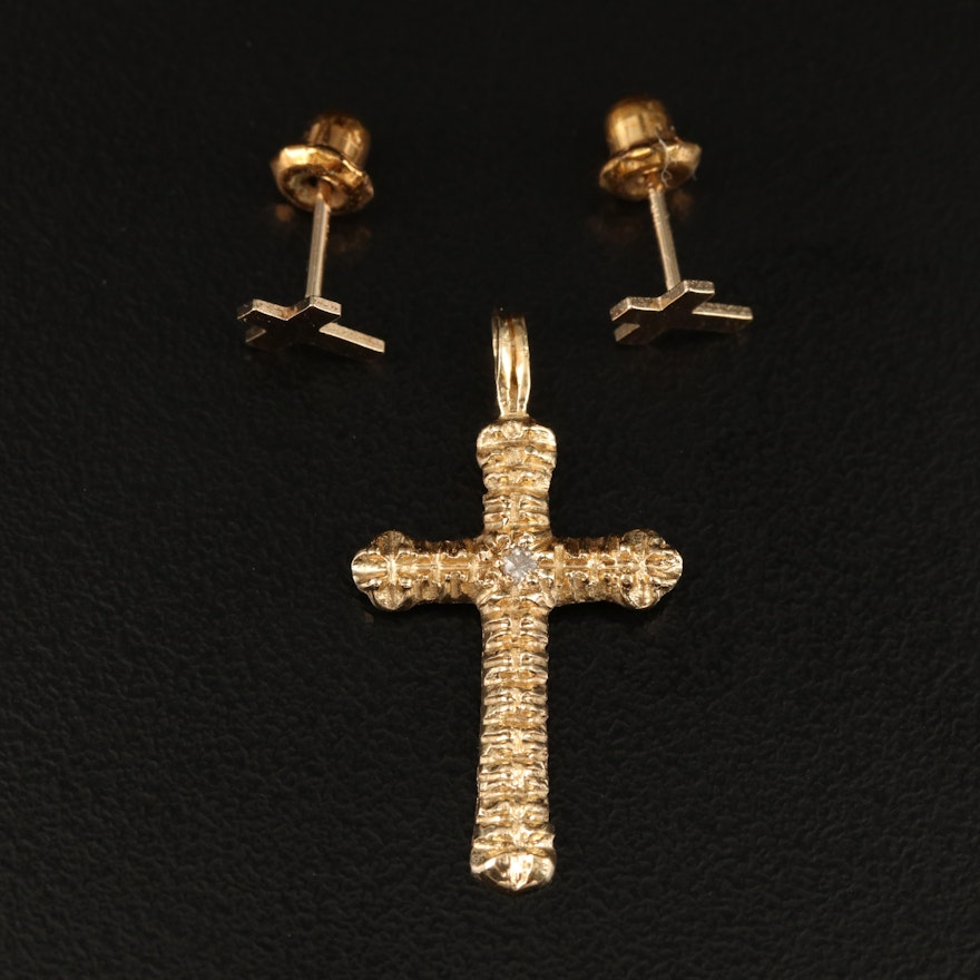 14K Diamond Cross Pendant and Stud Earrings