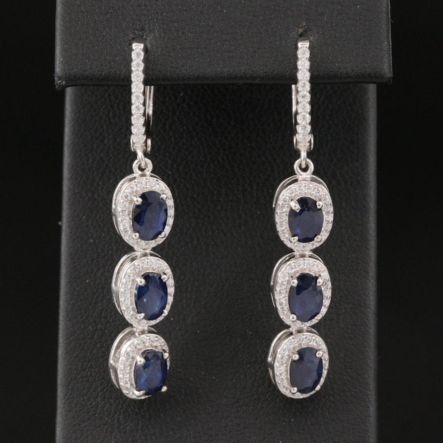 Sterling Silver Sapphire and Cubic Zirconia Dangle Earrings
