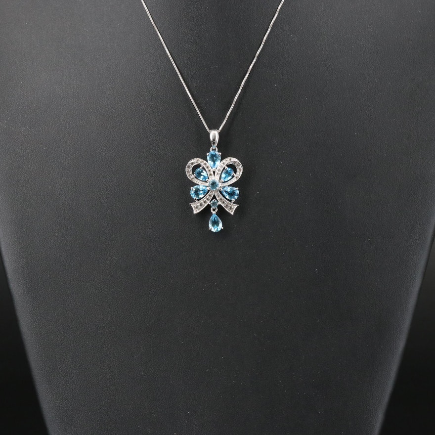 Sterling Swiss Blue Topaz and White Topaz Bow Pendant Necklace