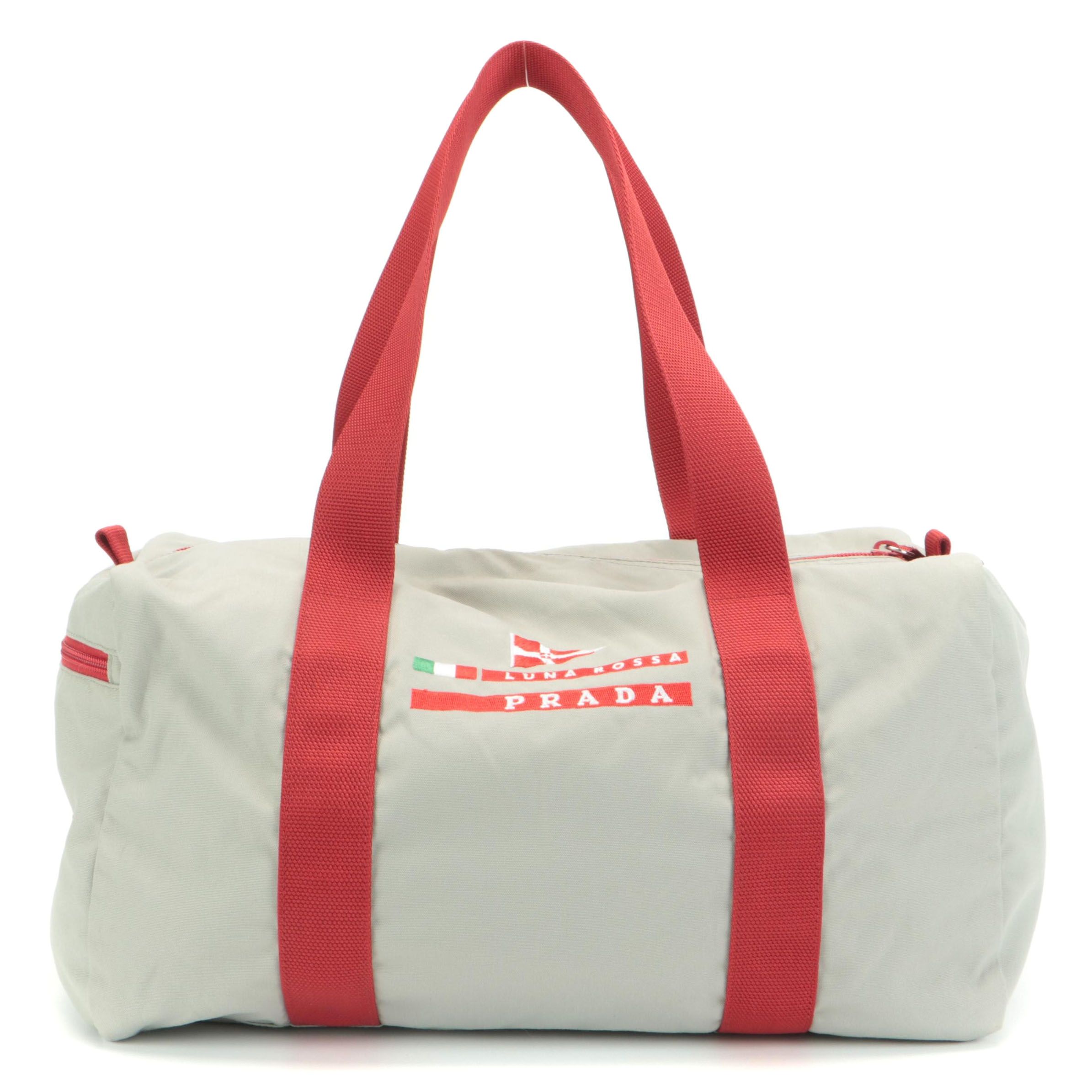 Prada Sport Luna Rossa Small Duffle Bag in Grey Nylon Canvas with Red Trim