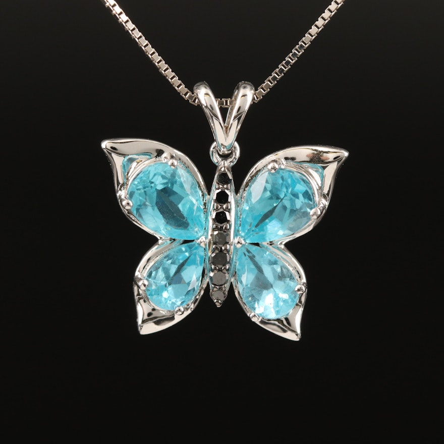 Sterling Apatite and Diamond Butterfly Pendant Necklace