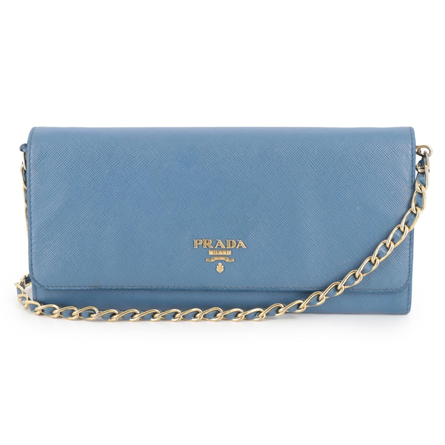 Prada Blue Saffiano Leather Wallet on Chain