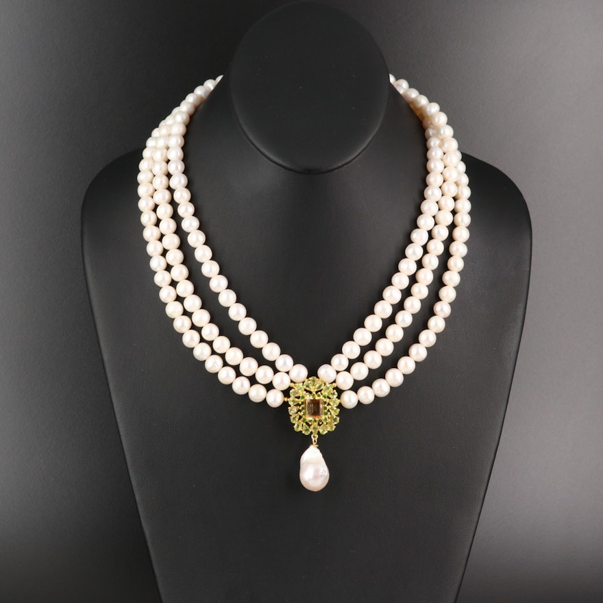 Sterling Pearl, Citrine and Peridot Multi-Strand Necklace