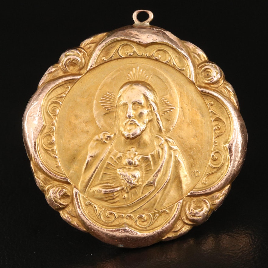 Antique 14K Repoussé Reversible Sacred Heart of Jesus and the Virgin Mary Medal