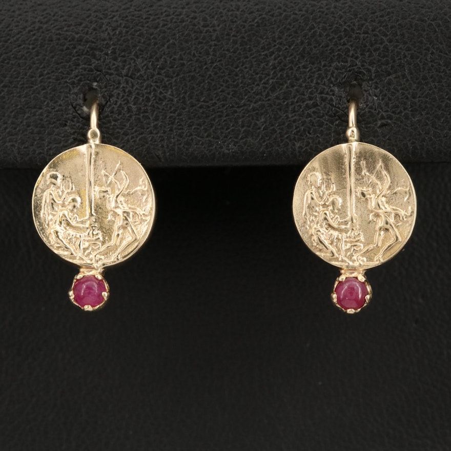 14K Italian Gold Ruby Earrings Depicting the Contest Between Apollo and Marsyas