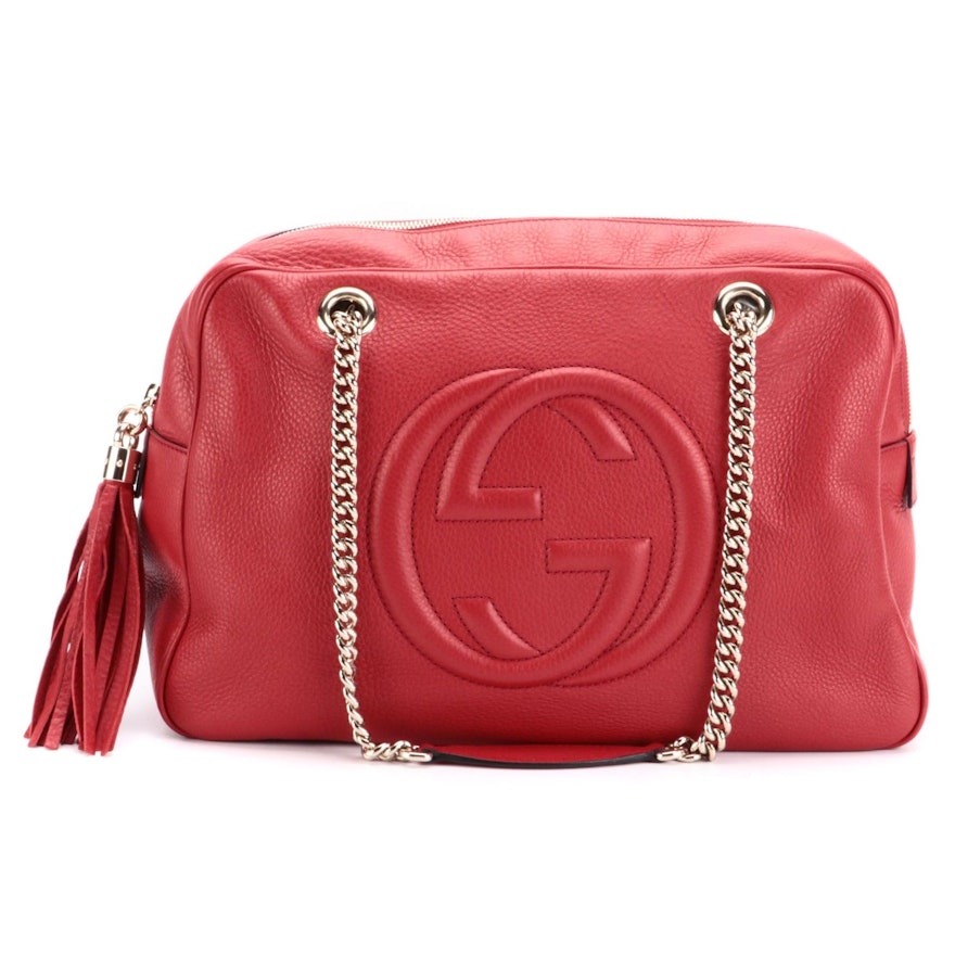 Gucci Soho Chain Large Shoulder Bag in Red Pebbled Leather with Tassel Zip Pull