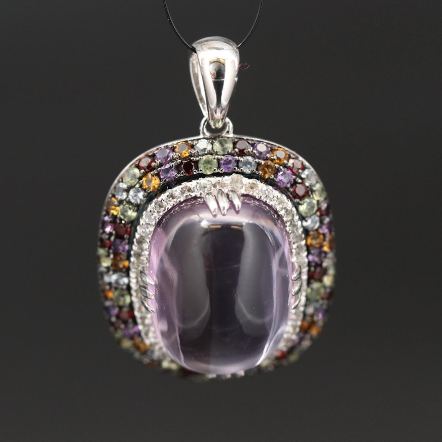 Sterling Amethyst Pendant with Halos of Garnet, Topaz and Additional Gemstones