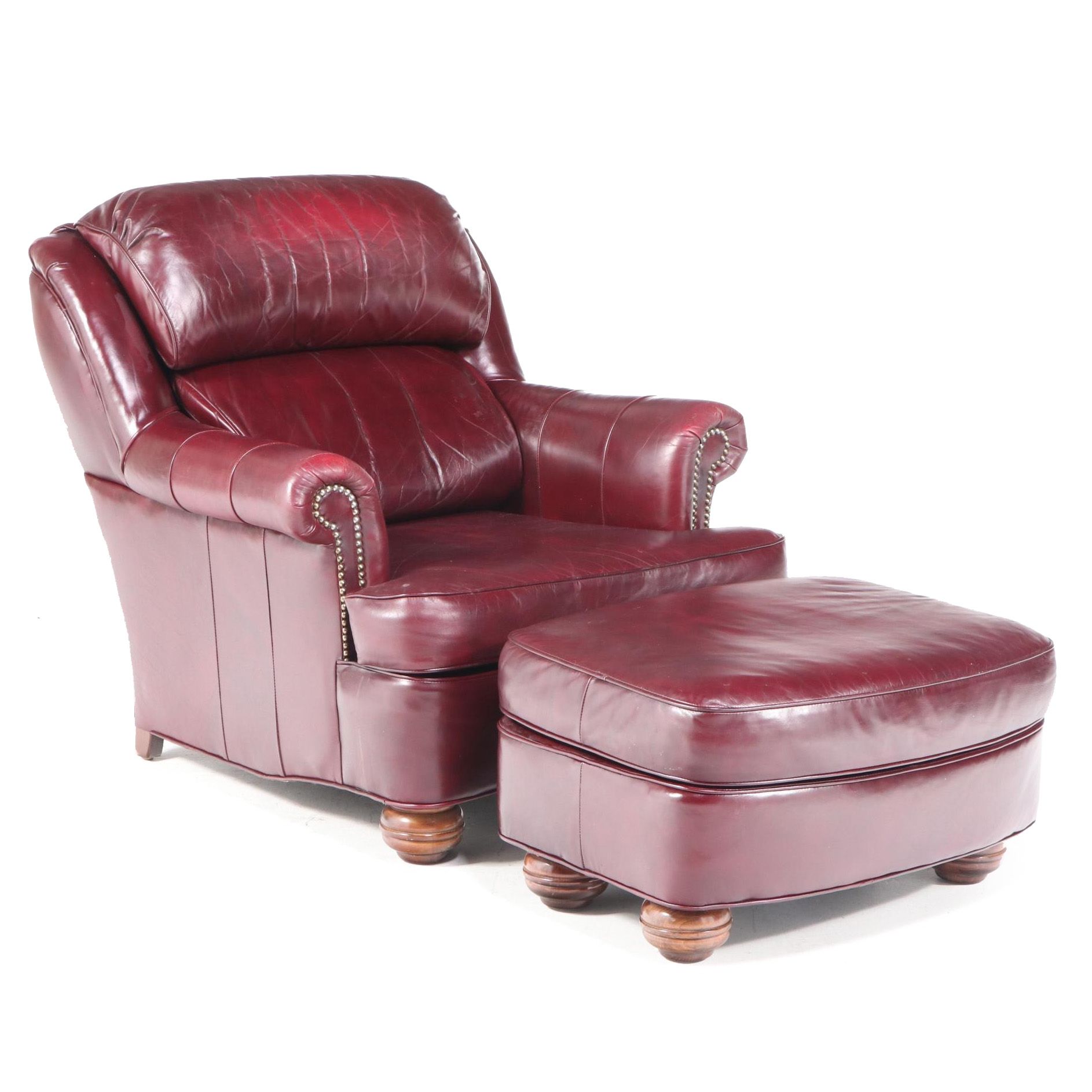 Jamestown Sterling Brass-Tacked and Burgundy Leather Club Chair and Ottoman