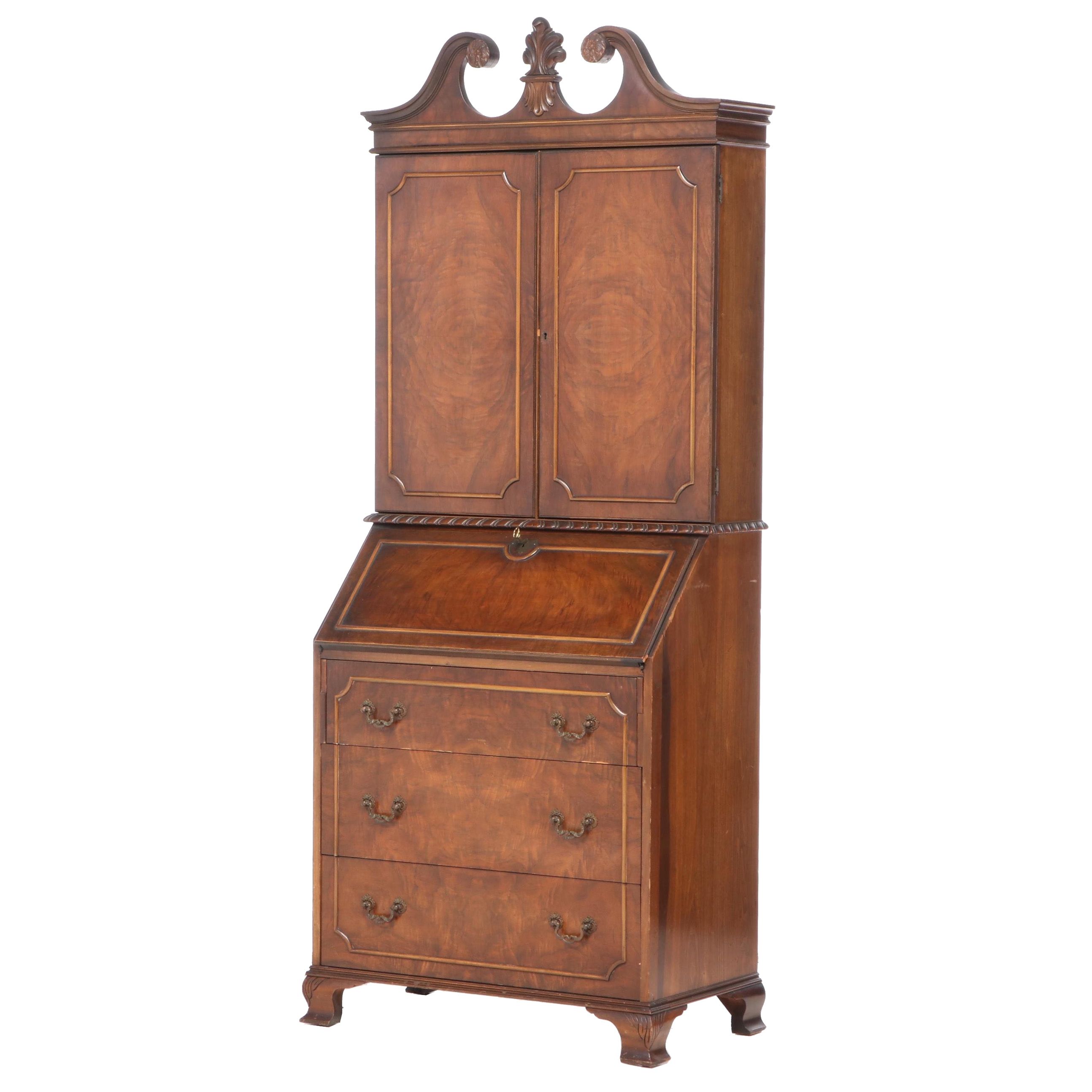 George II Style Figured Walnut Bureau Bookcase, Early to Mid 20th Century