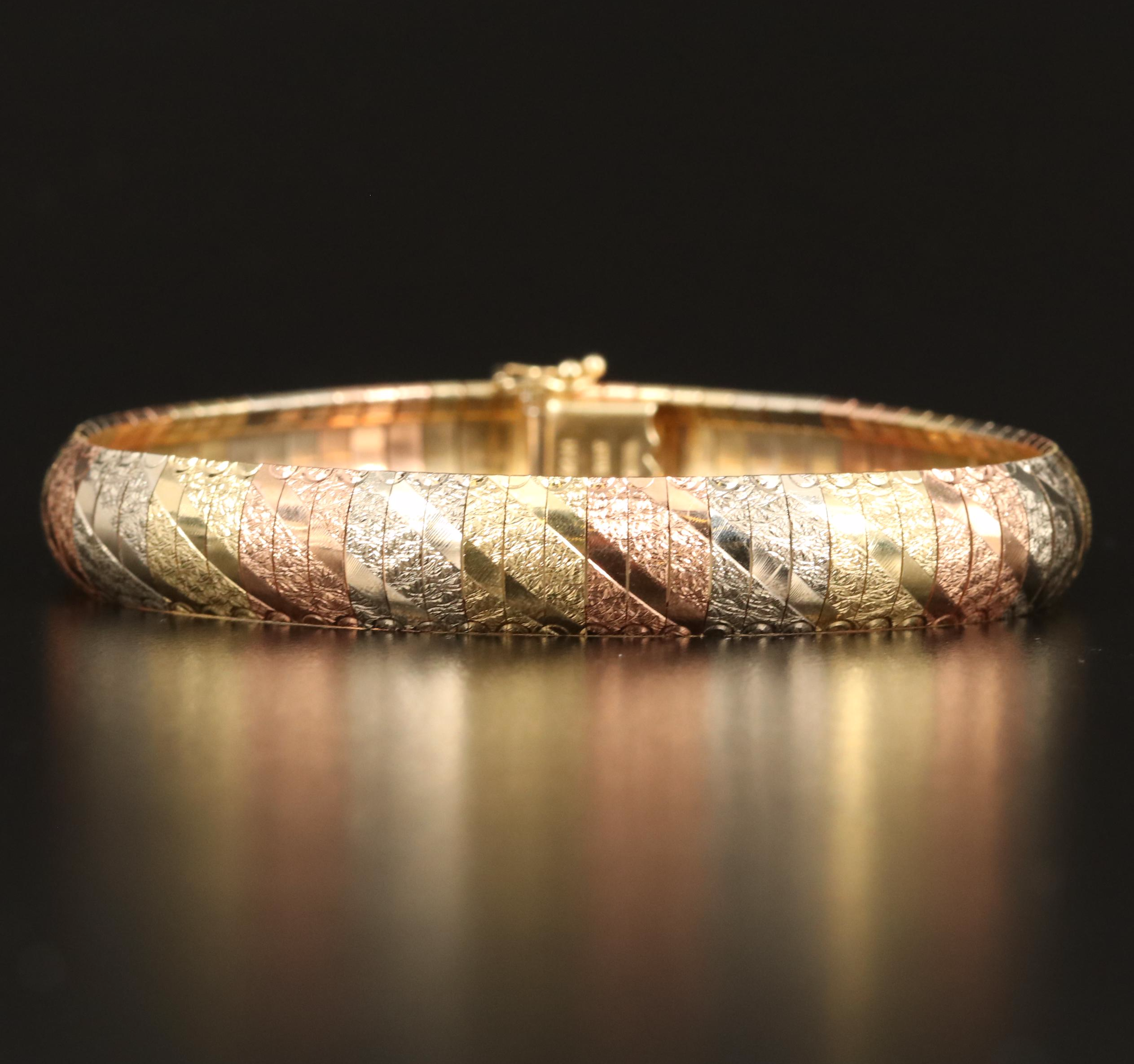 14K Tri-Color Italian Gold Textured Omega Bracelet