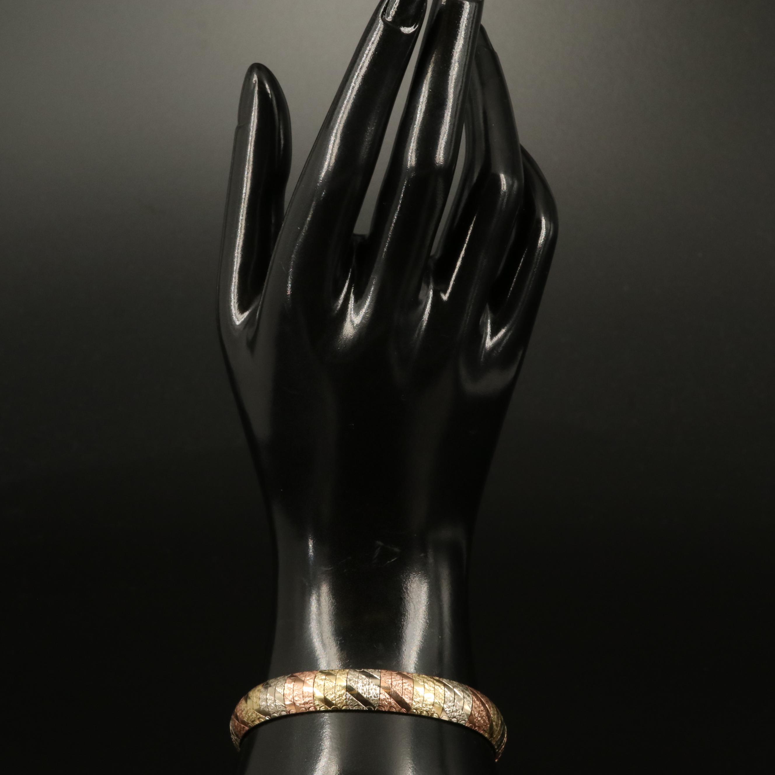 14K Tri-Color Italian Gold Textured Omega Bracelet