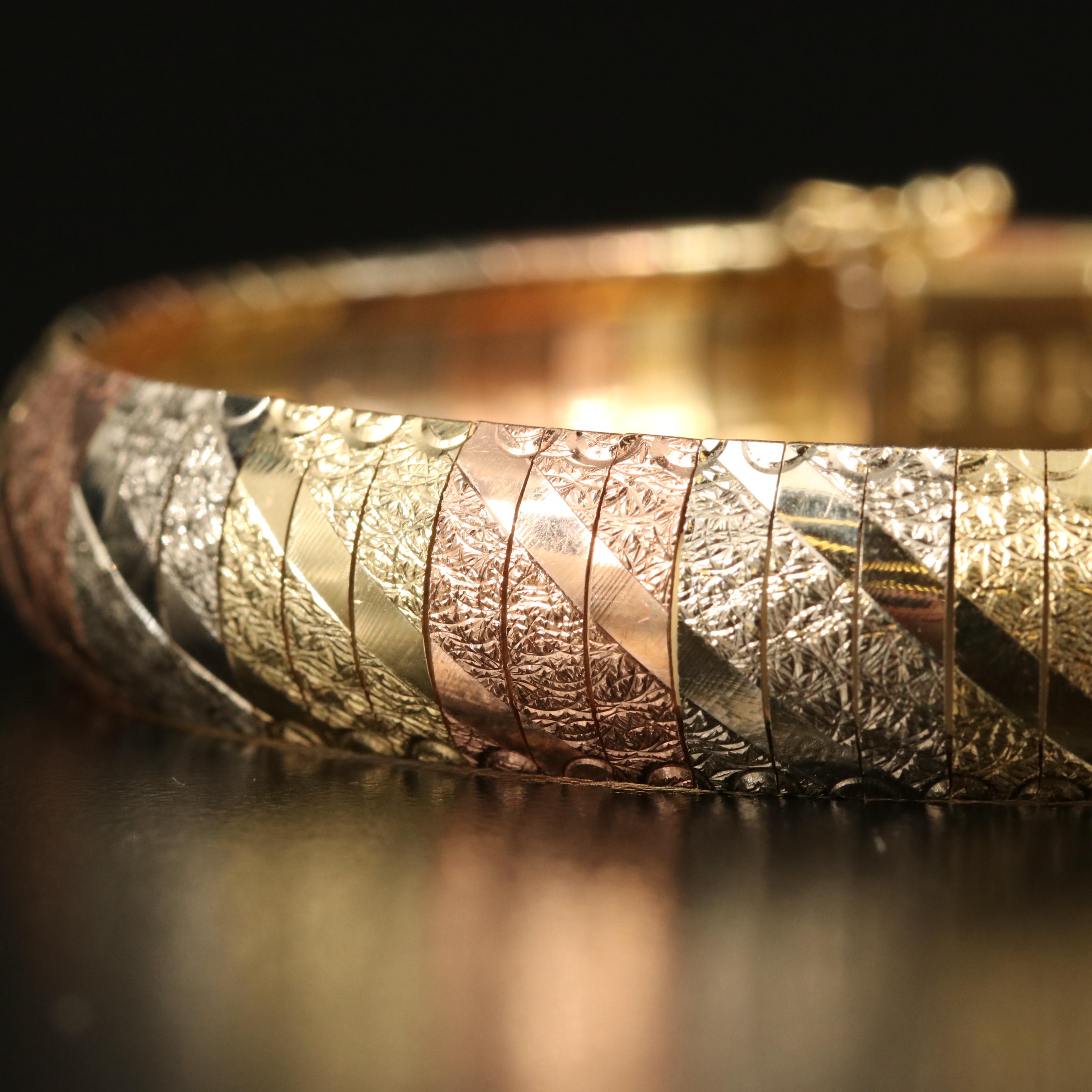 14K Tri-Color Italian Gold Textured Omega Bracelet