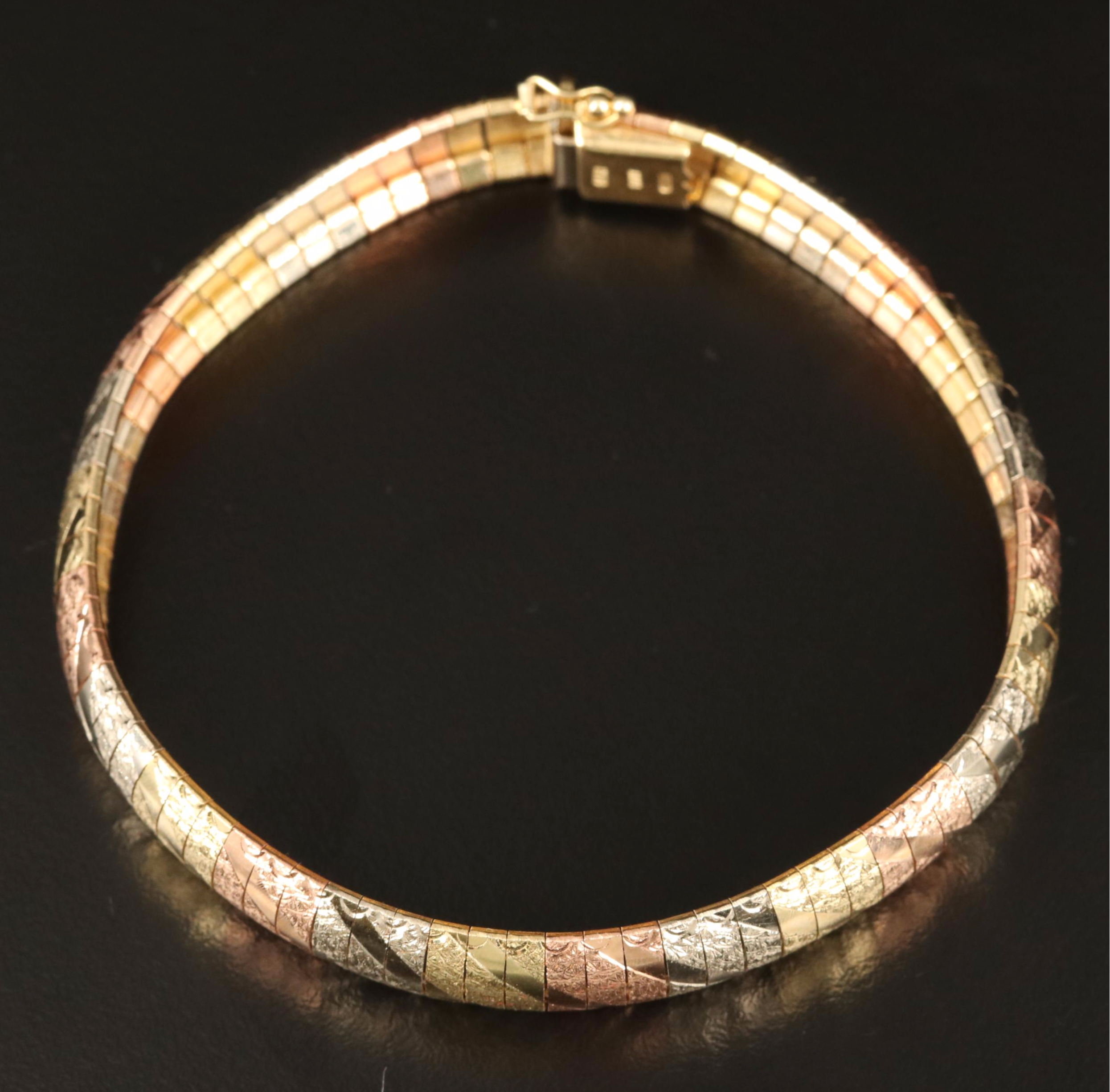 14K Tri-Color Italian Gold Textured Omega Bracelet