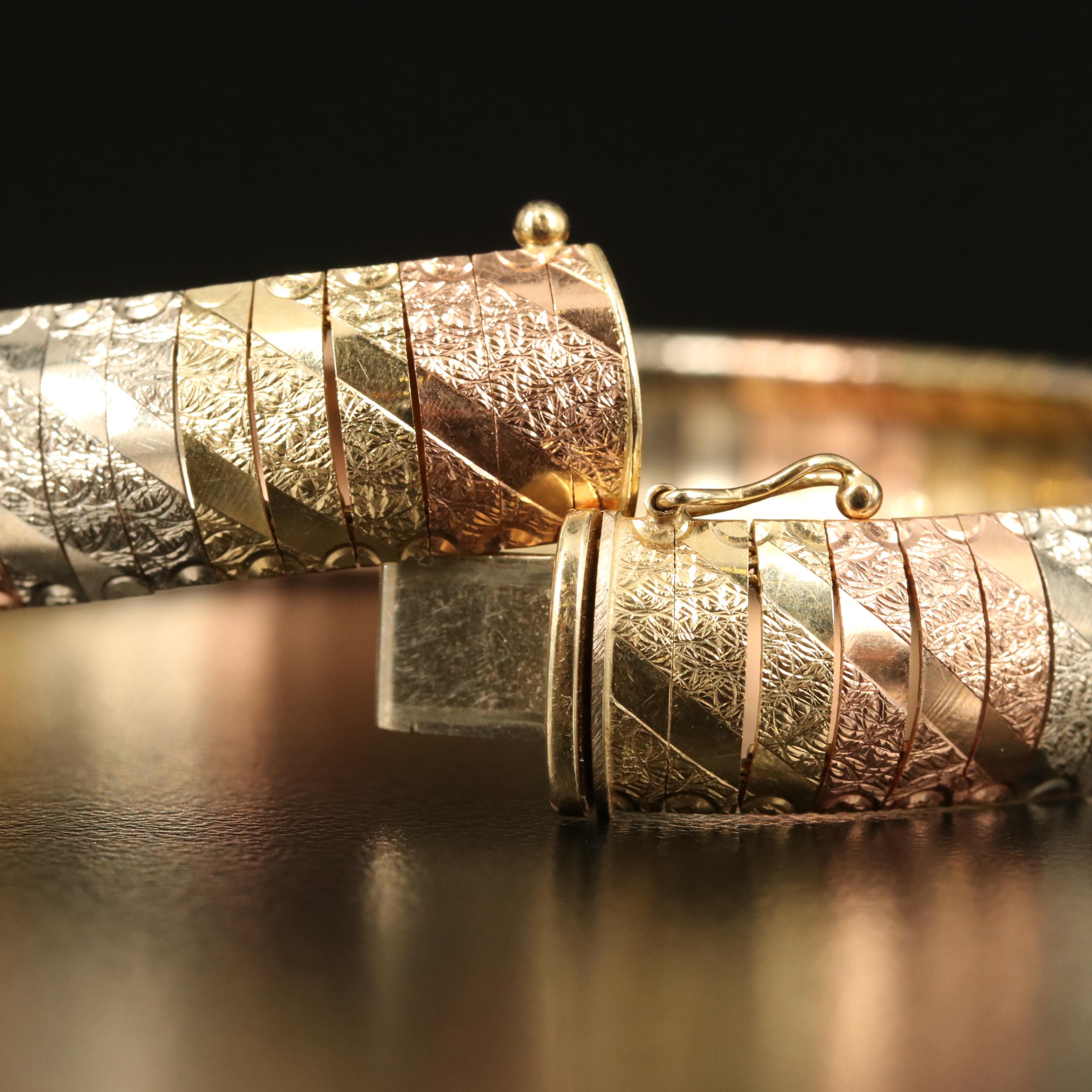 14K Tri-Color Italian Gold Textured Omega Bracelet