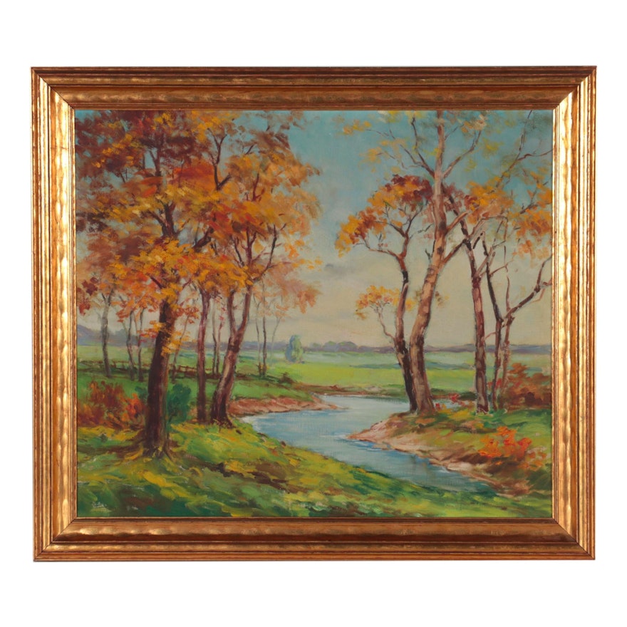 Autumn Landscape Oil Painting, Late 20th Century