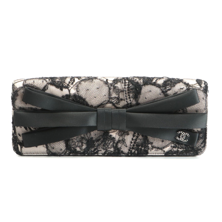 Chanel Bow Front Flap Clutch in Black Lace and Pink Satin