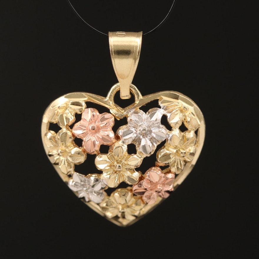 10K Rose, White and Yellow Gold Heart Pendant