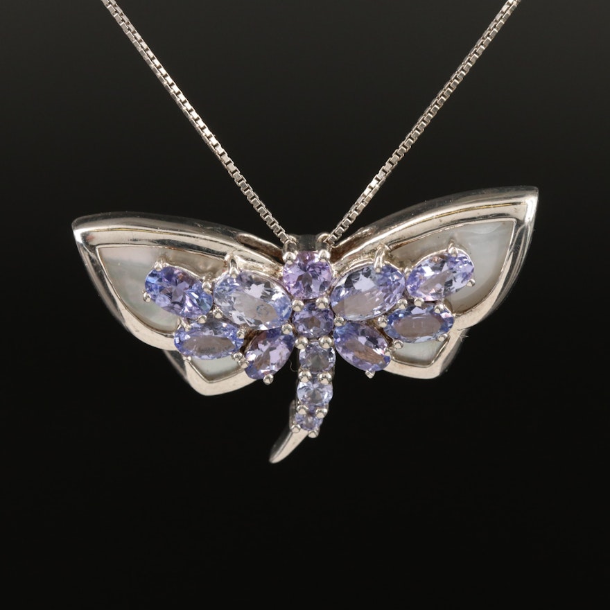 Sterling Silver Tanzanite and Mother of Pearl Dragonfly Necklace
