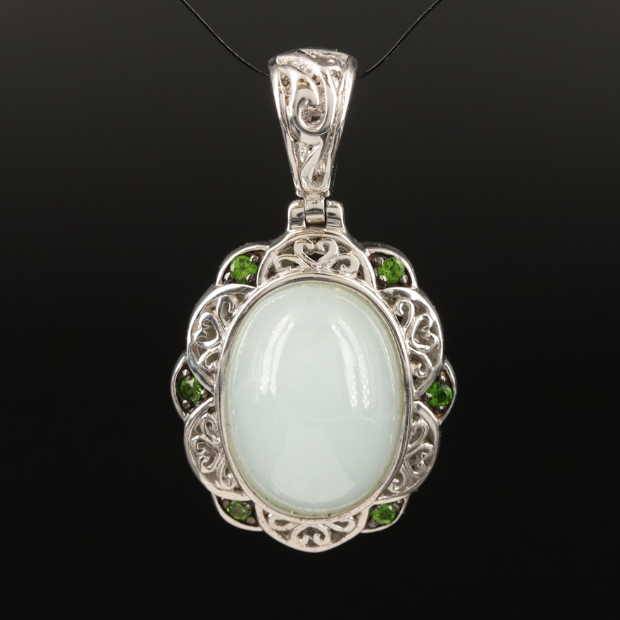 Sterling Silver Aquamarine and Diopside Scrollwork Pendant