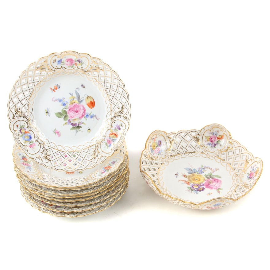 Meissen Reticulated Porcelain Bowl and Dessert Plates,  Late 19th/ Early 20th C.
