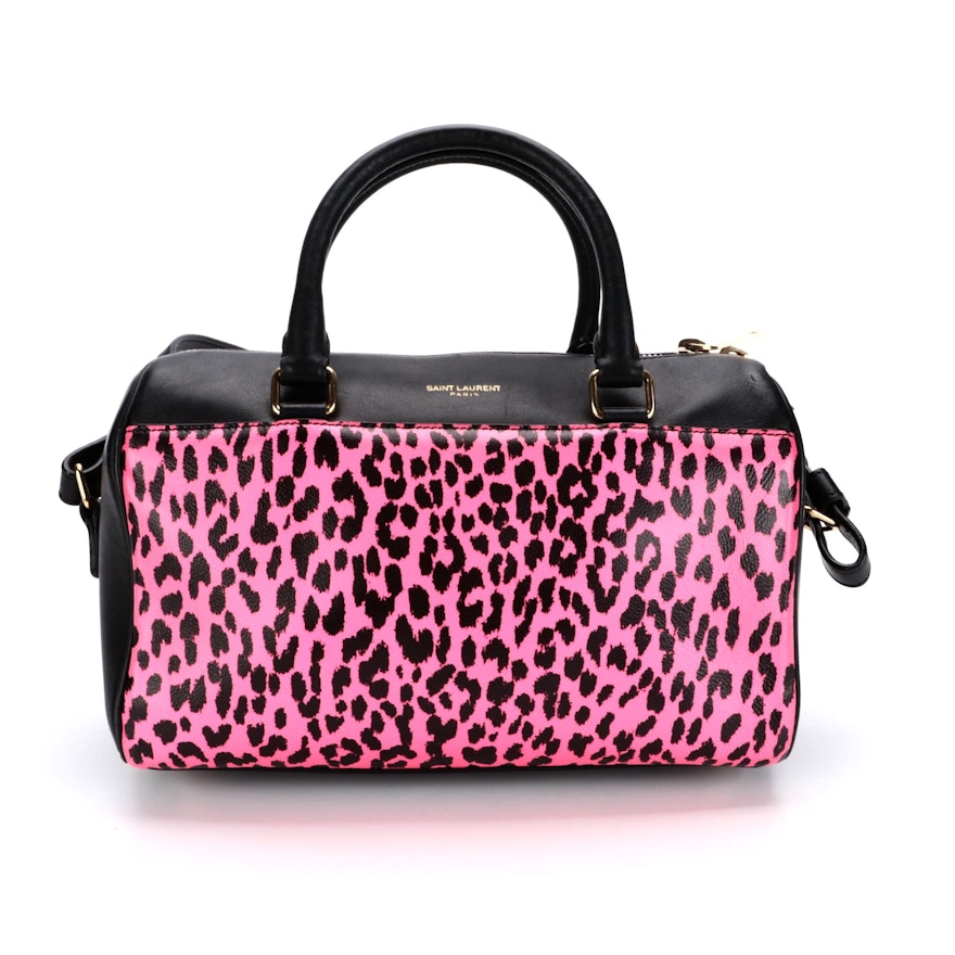 Saint Laurent Classic Baby Duffle Bag in Pink Leopard Print and Black Leather