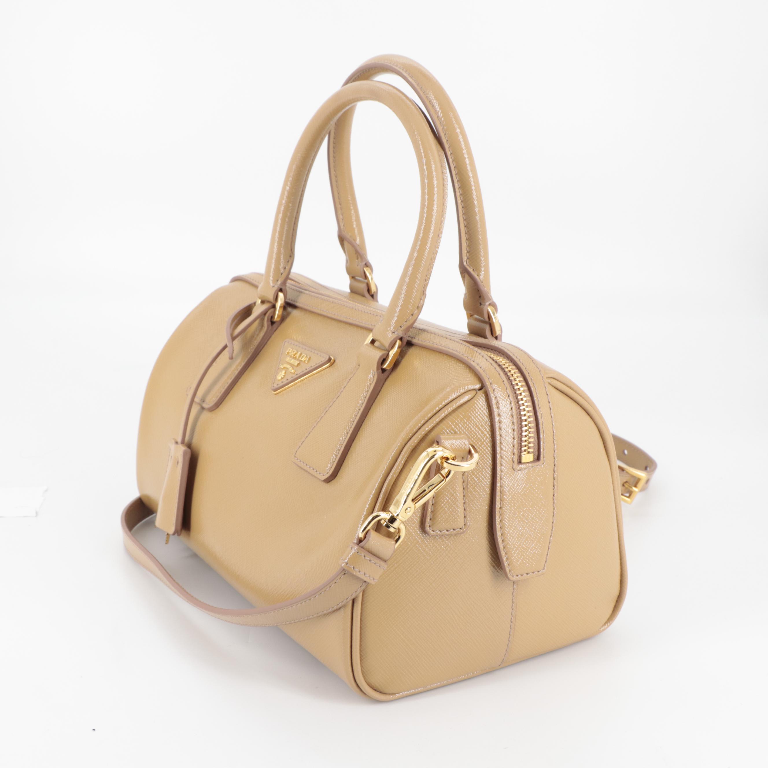 Prada Tan Patent Saffiano Leather Two-Way Boston Bag
