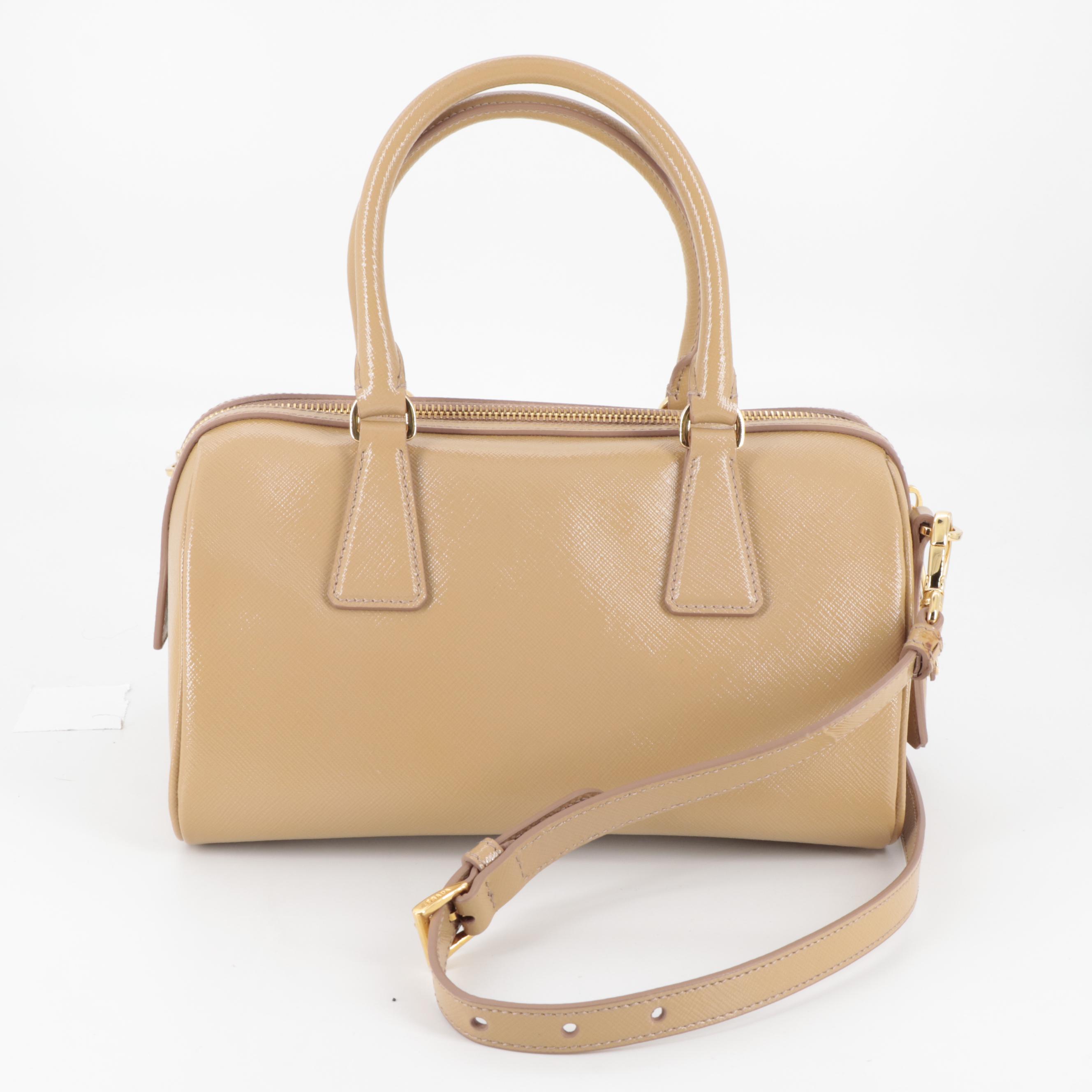 Prada Tan Patent Saffiano Leather Two-Way Boston Bag