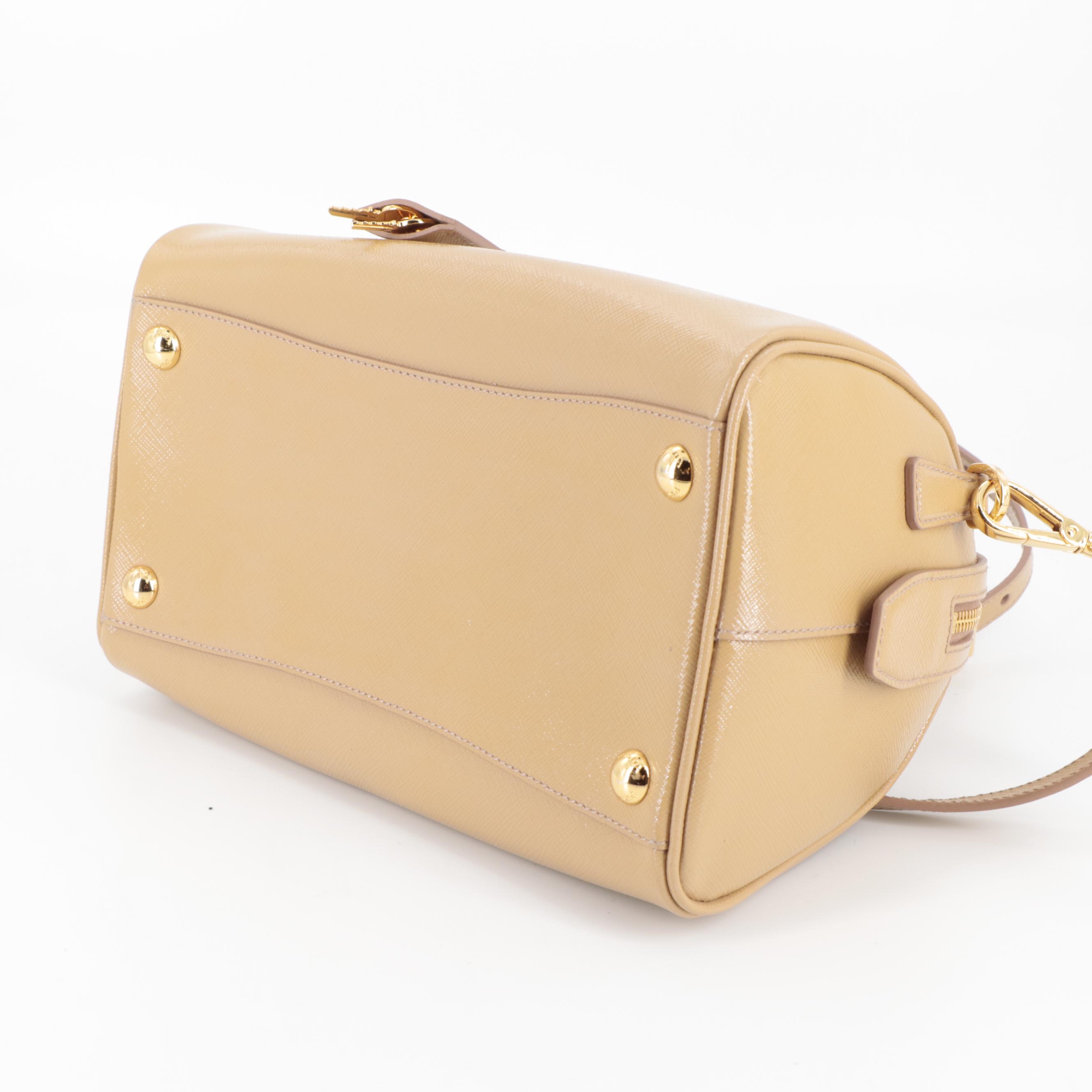 Prada Tan Patent Saffiano Leather Two-Way Boston Bag