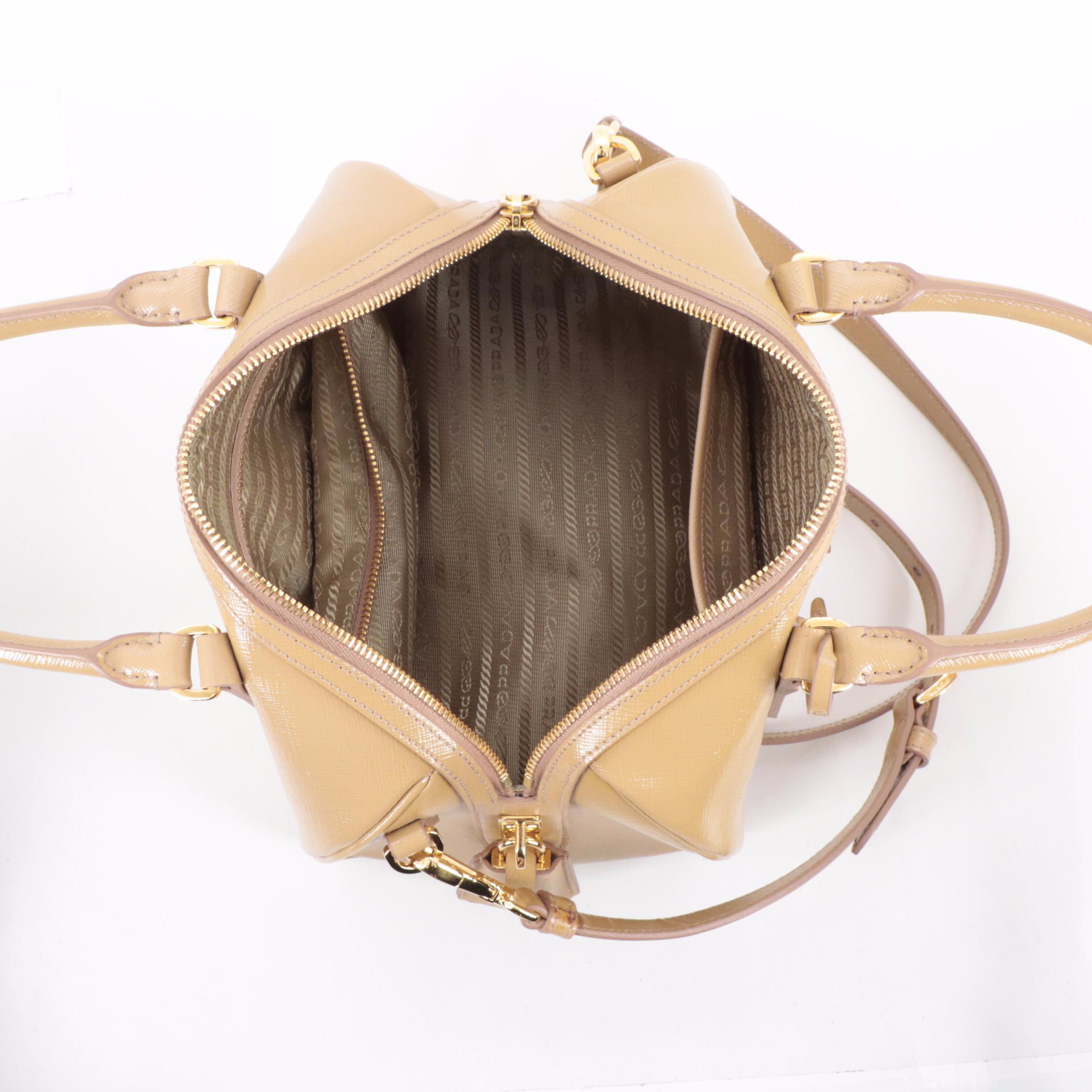 Prada Tan Patent Saffiano Leather Two-Way Boston Bag