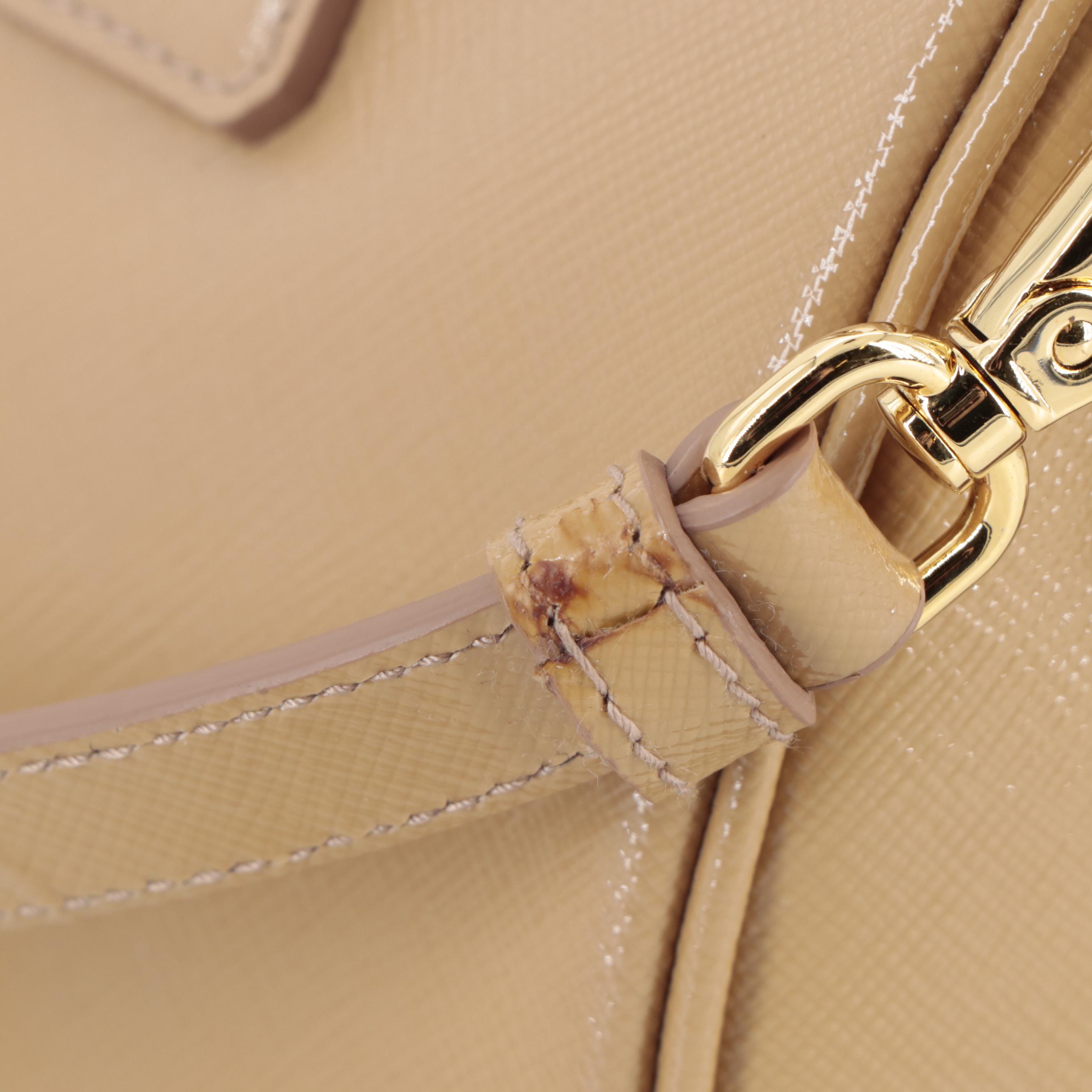 Prada Tan Patent Saffiano Leather Two-Way Boston Bag
