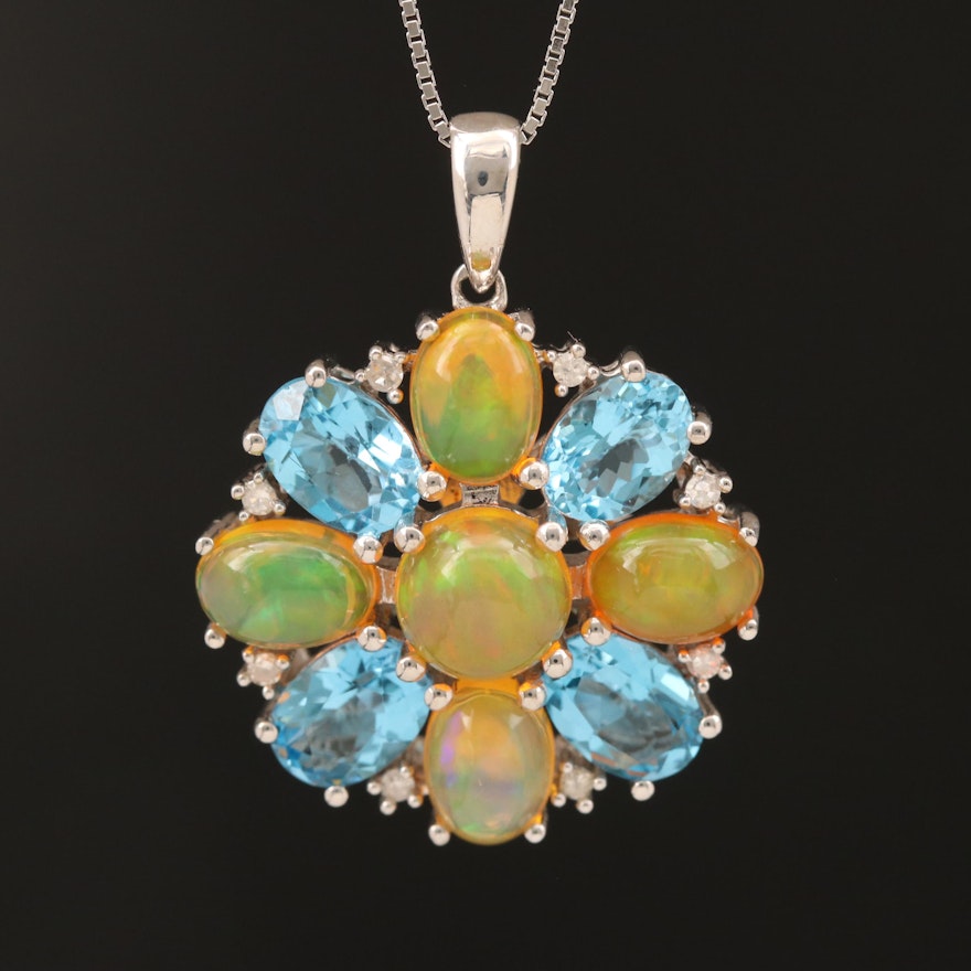 Sterling Opal, Topaz and Diamond Pendant Necklace