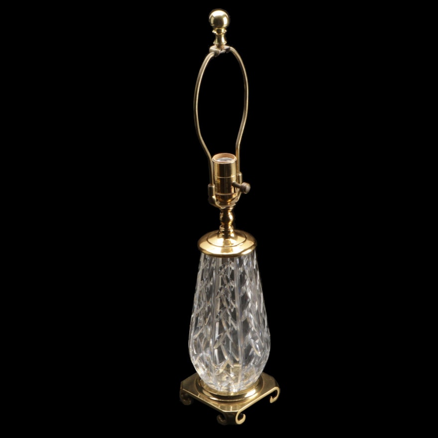 Crescent Brass and Crystal Accent Lamp Attributed to Waterford Crystal