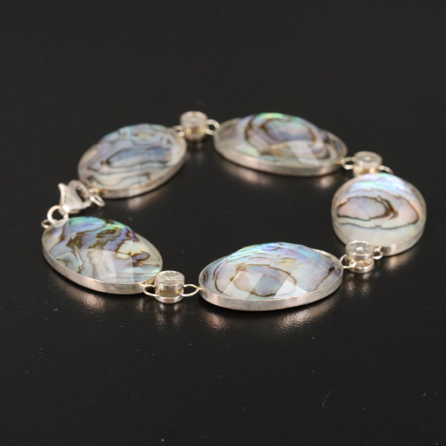 Sterling Abalone Quartz Doublet Bracelet with Cubic Zirconia Accents