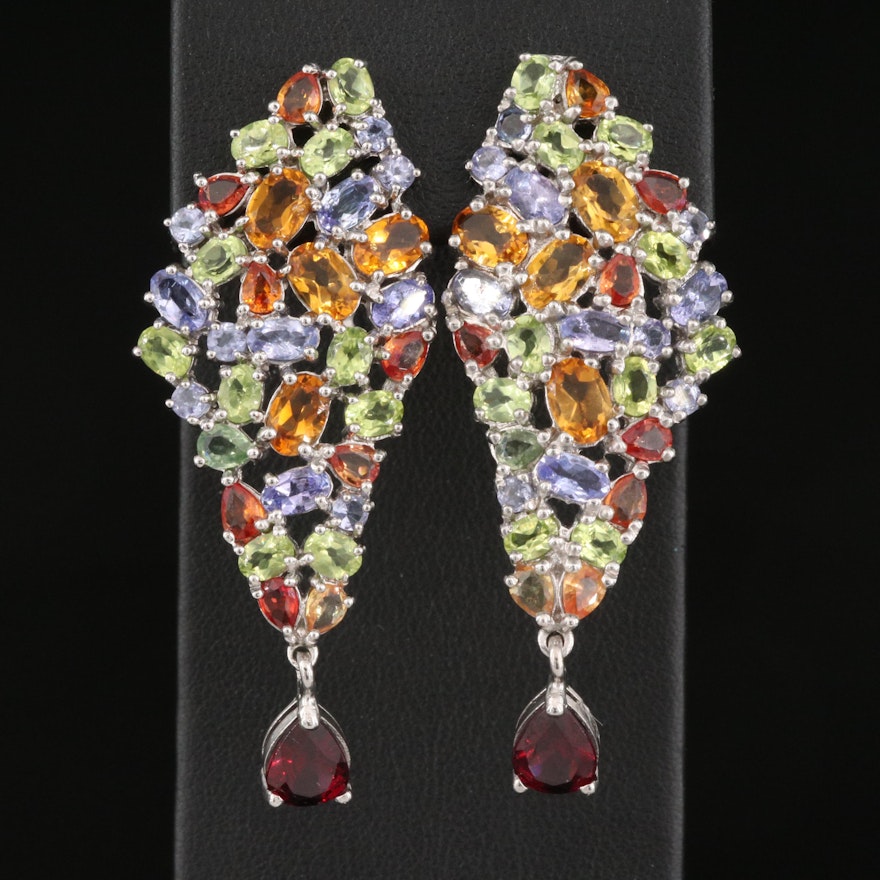 Sterling Garnet, Citrine and Tanzanite Cluster Earrings