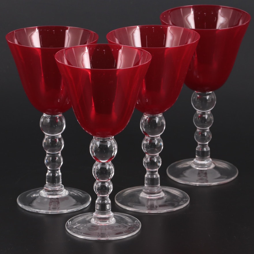 Ruby Red Glass Goblets with Clear Bubble Stems, Mid to Late 20th Century
