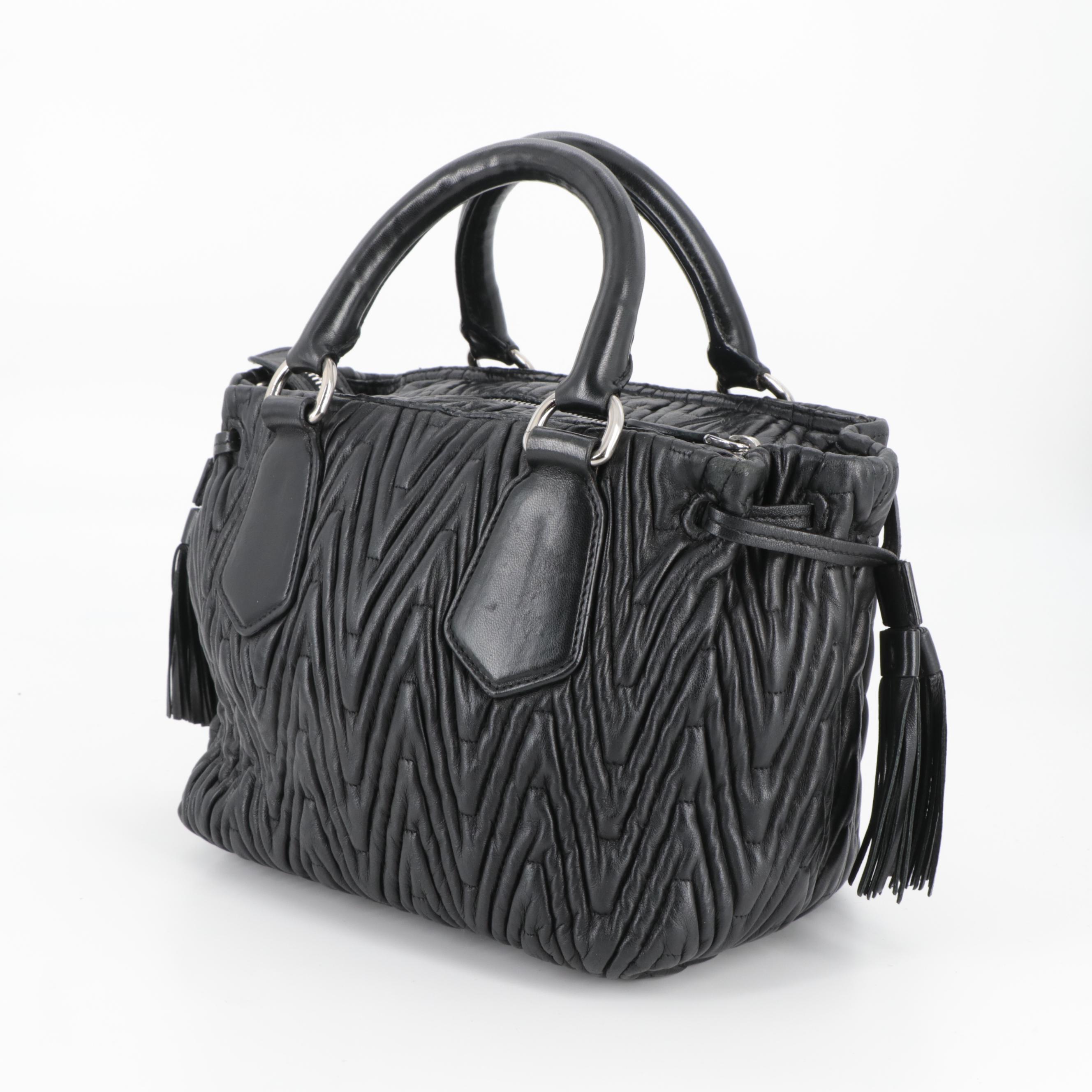 Prada Small Two-Way Handbag in Black Matelasse Leather with Drawstring Tassels