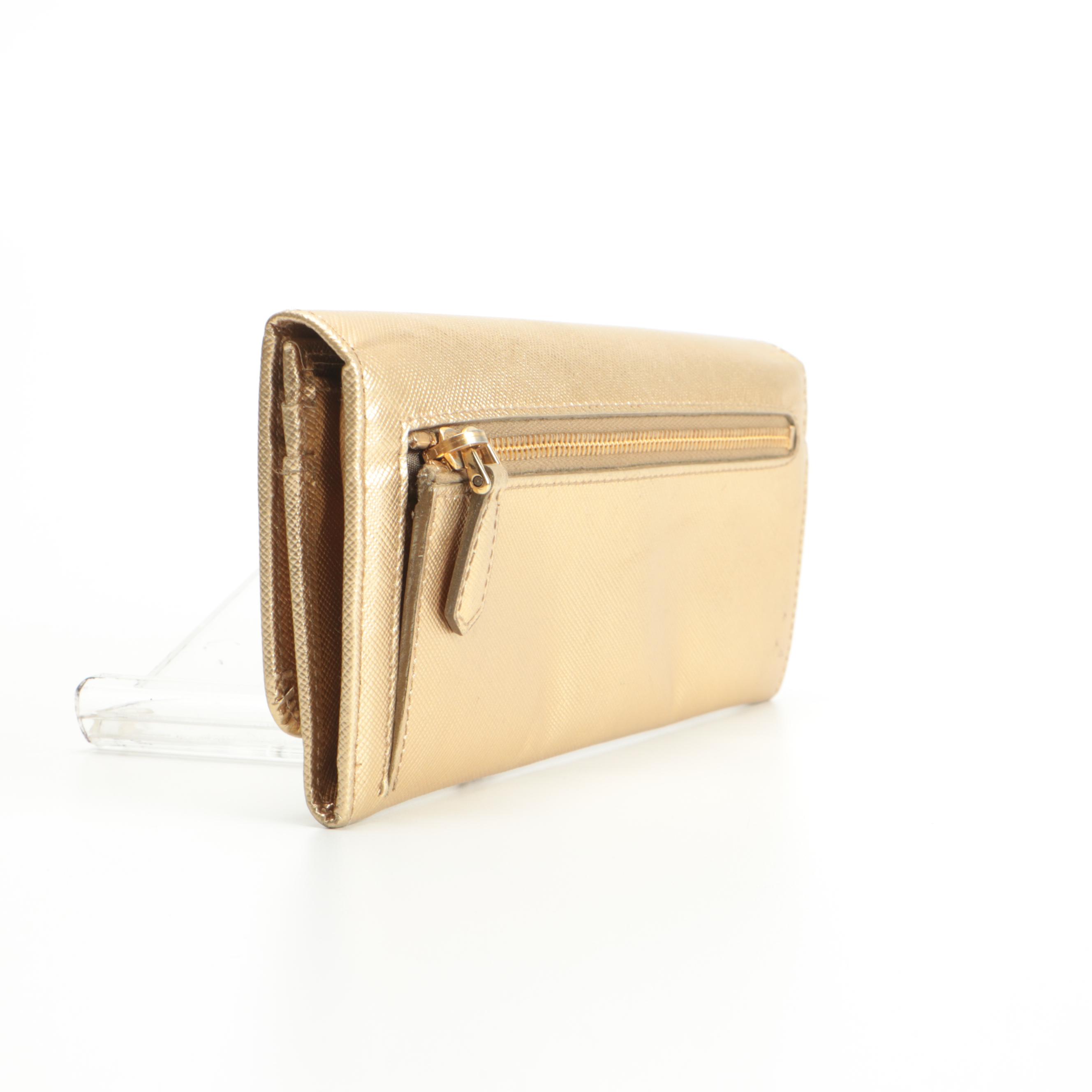Prada Bow Flap Gold Metallic Saffiano Leather Continental Wallet