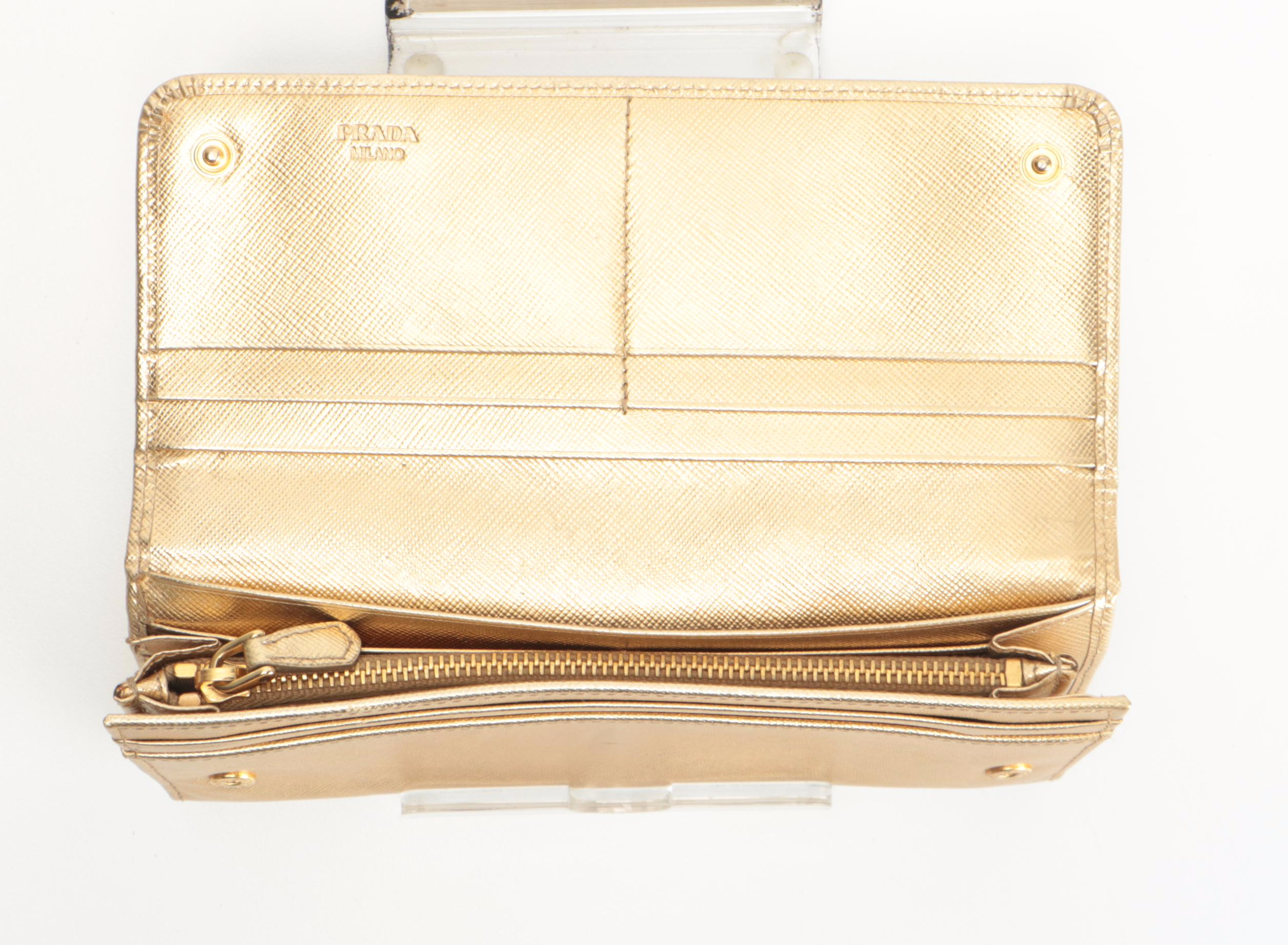 Prada Bow Flap Gold Metallic Saffiano Leather Continental Wallet