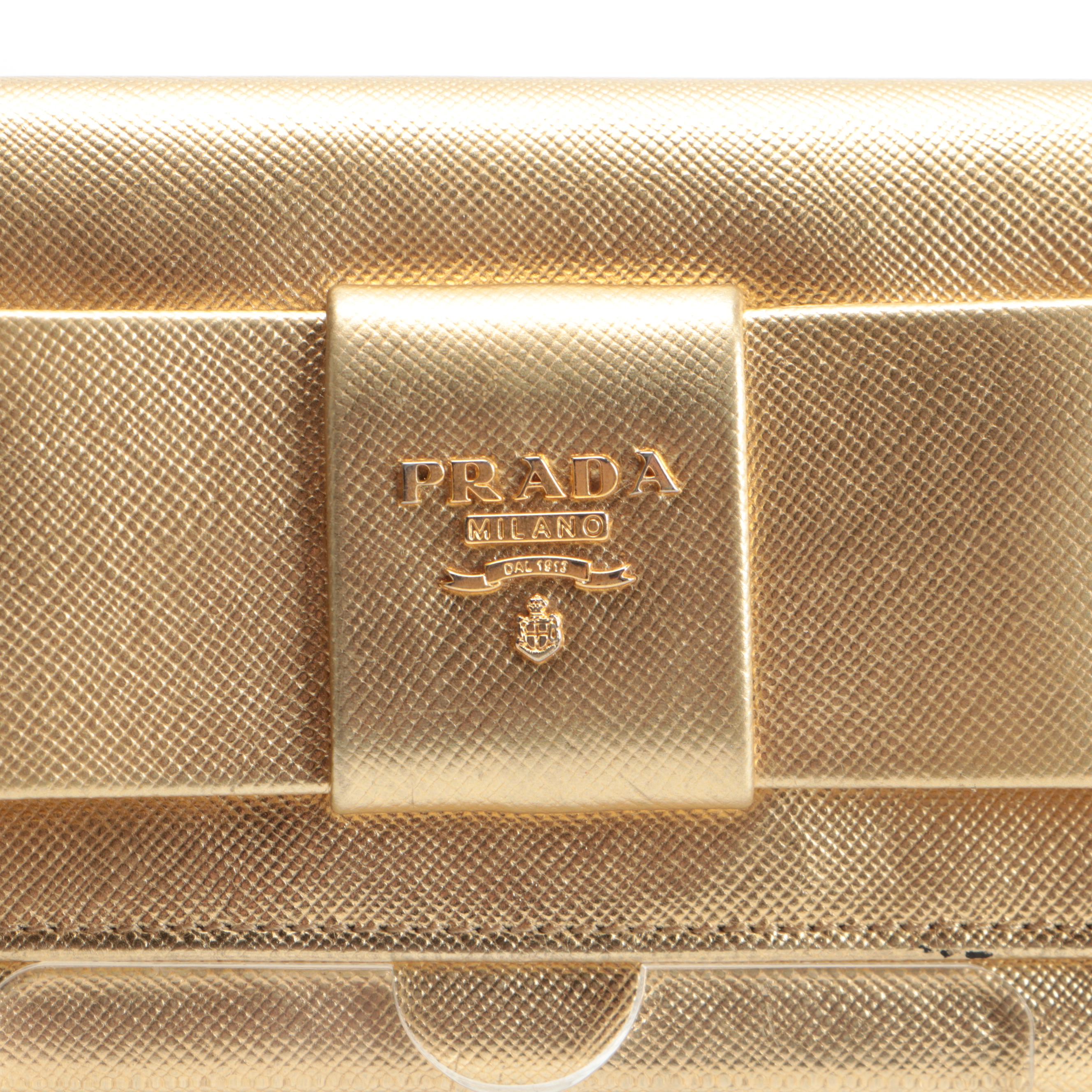 Prada Bow Flap Gold Metallic Saffiano Leather Continental Wallet