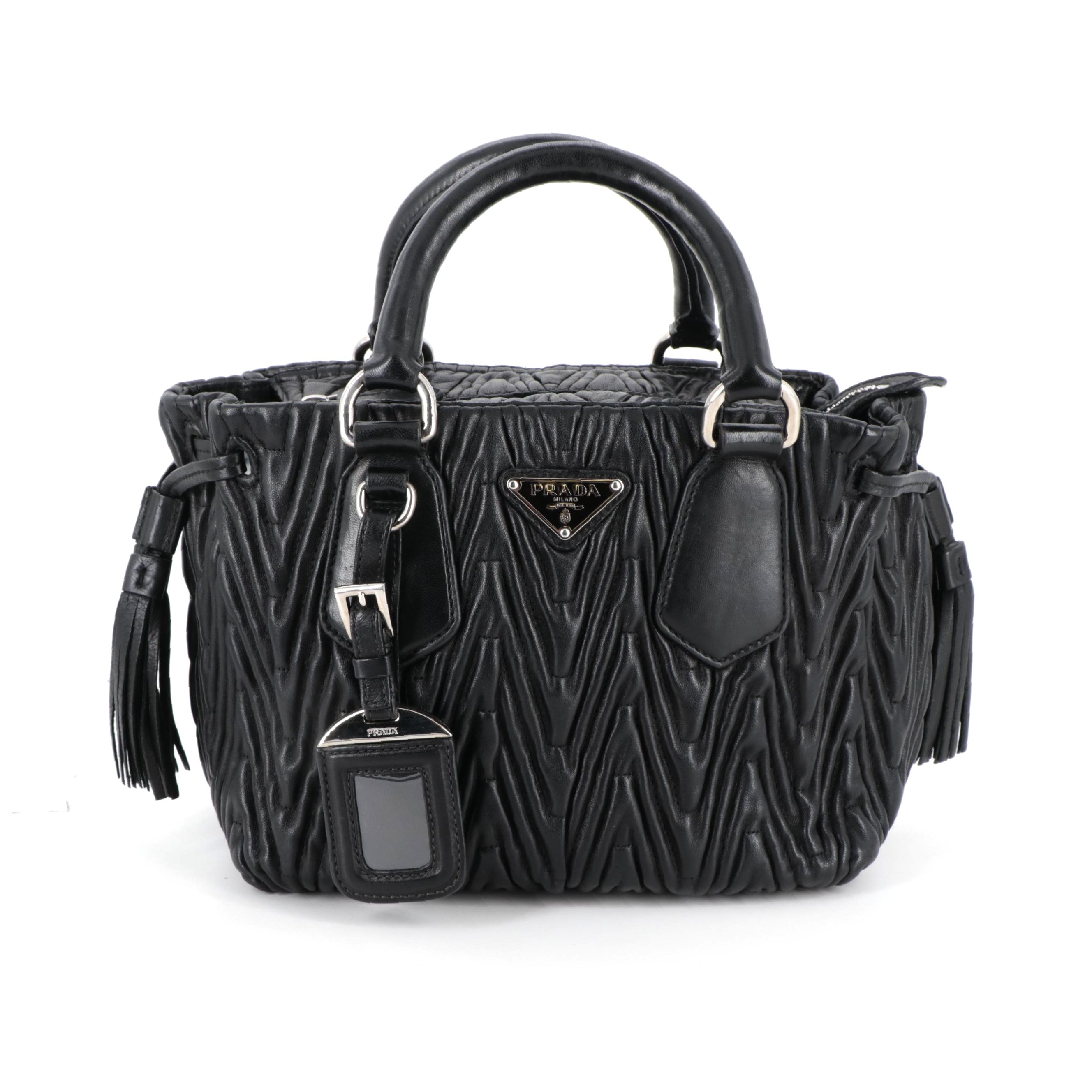 Prada Small Two-Way Handbag in Black Matelasse Leather with Drawstring Tassels