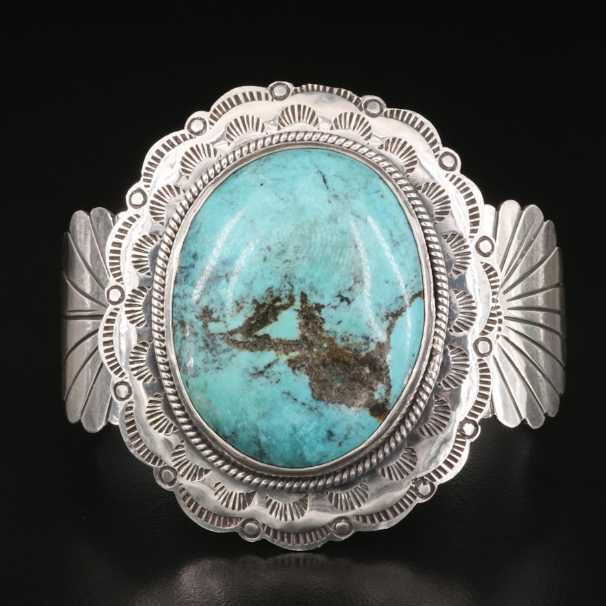 Southwestern Sterling Turquoise Cuff with Stampwork