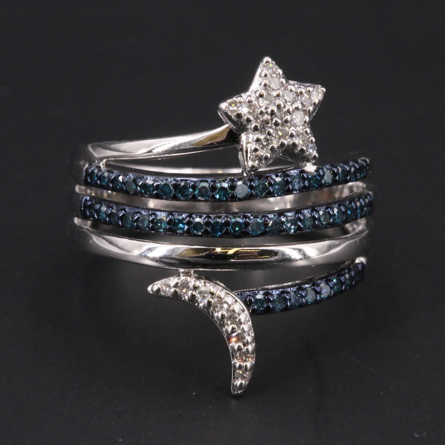 Sterling Silver Diamond Star and Moon Ring