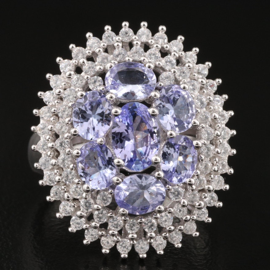 Sterling Tanzanite and Zircon Oval Cluster Ring